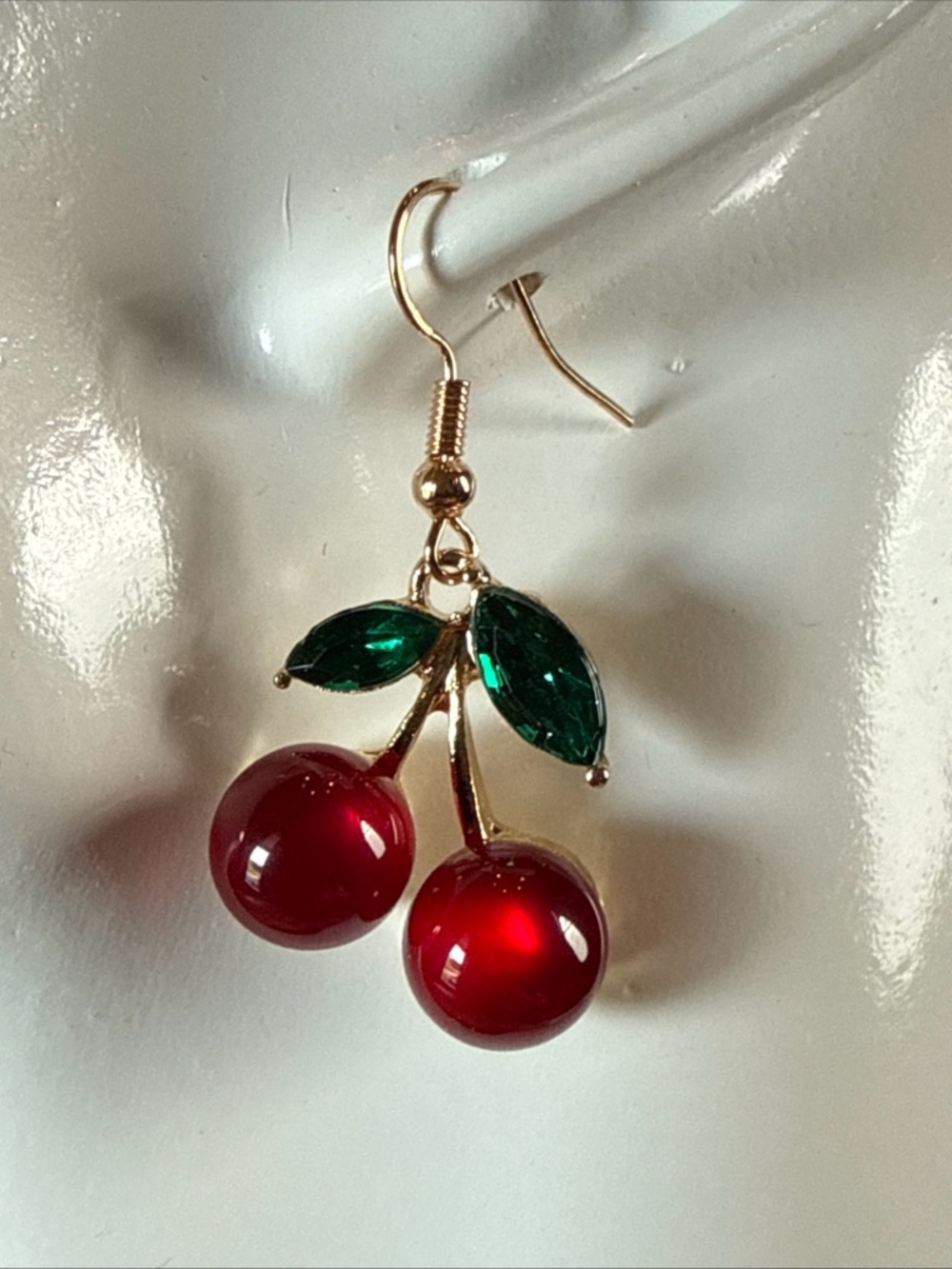 Source Unknown Gold Cherry Earrings with Red and Green Accents
